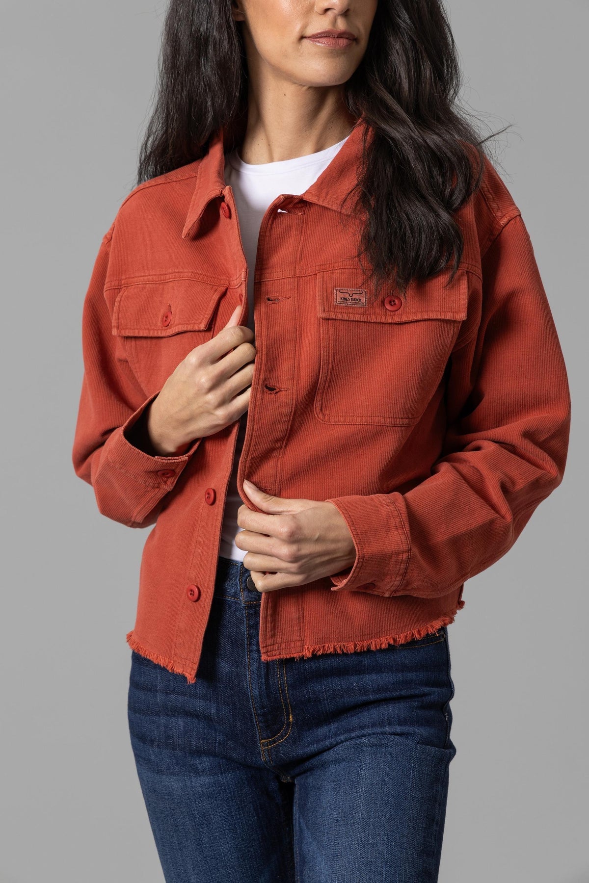 Kimes Ranch Blaine Tear Away Jacket in Red with button front, chest pockets, and frayed hem; #color_red