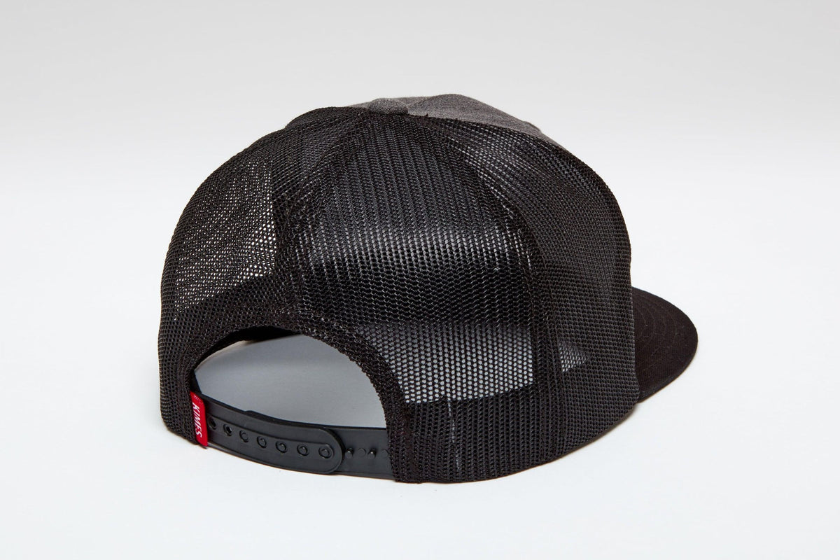 Kimes Ranch Blaster Trucker Hat in Charcoal Heather, back view, with mesh back and adjustable strap