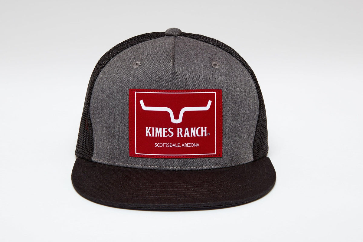 Kimes Ranch Blaster Trucker Hat in Charcoal Heather with red front patch and Kimes Ranch logo