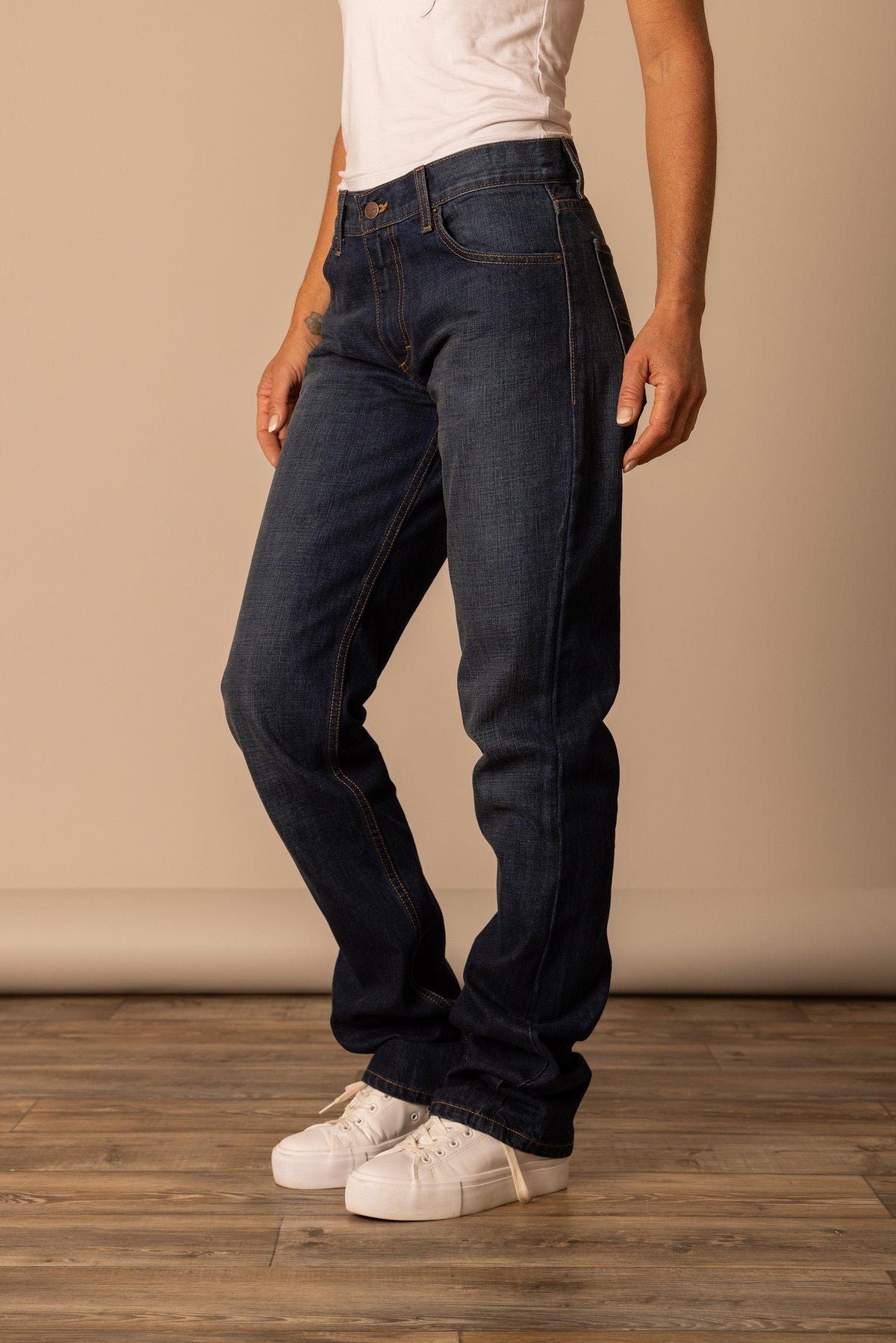 Kimes Ranch Brooks jeans in Dark Wash, side view, with a relaxed fit and contrast stitching