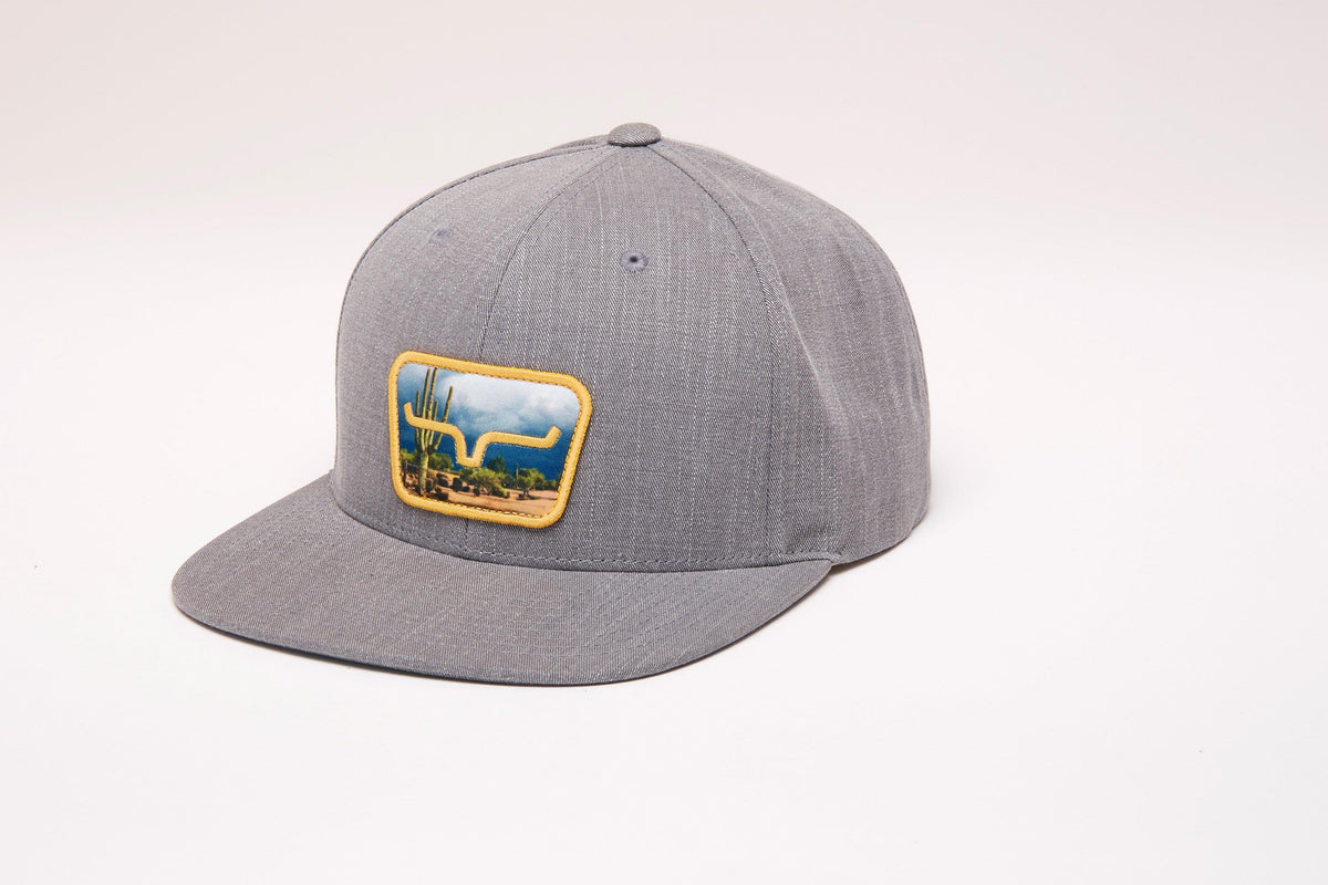 Kimes Ranch Buckley Hat in Grey, side view, with a rectangular patch showing a cactus and longhorn logo