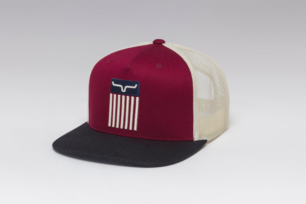 Kimes Ranch Cody Trucker hat in Burgundy, side view, with a black brim and cream mesh back featuring the Kimes Ranch logo