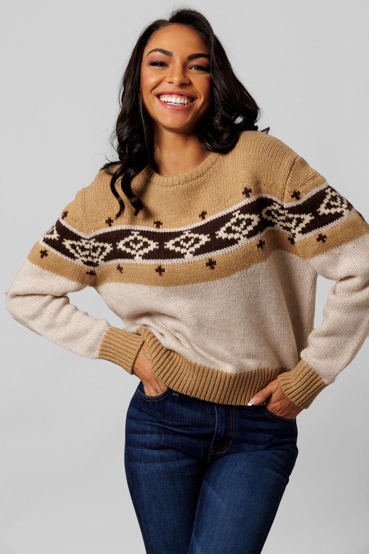 Kimes Ranch Chama Crew sweater in Oatmeal with a brown and cream geometric yoke pattern and ribbed cuffs