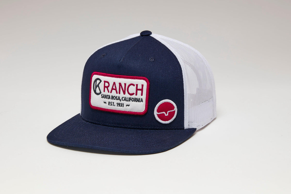 Kimes Ranch Ck31 Trucker Hat in Navy with a front patch reading RANCH Santa Rosa California EST 1931