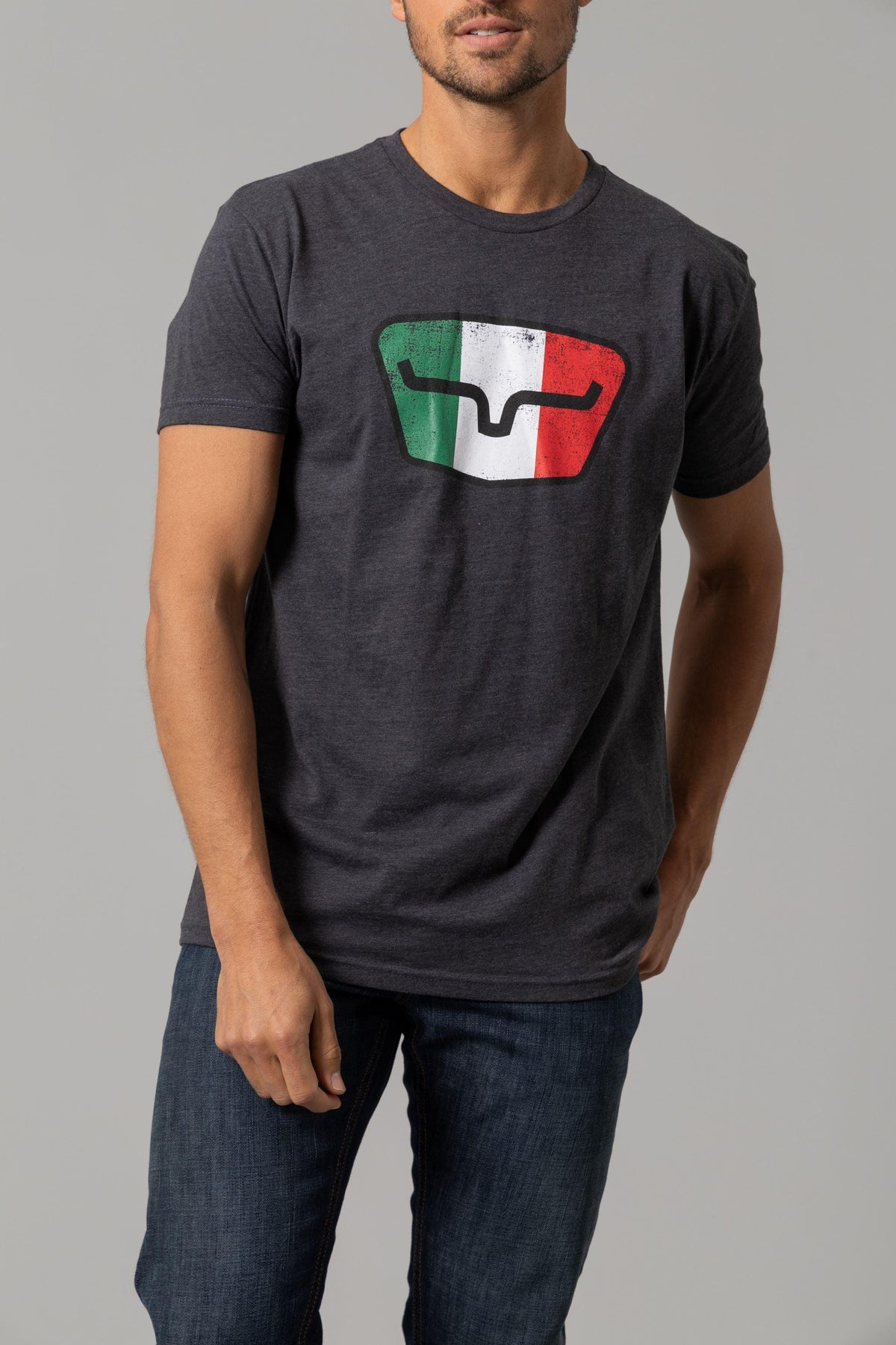 Kimes Ranch Tri-Color Tee in Charcoal with a graphic of the Kimes Ranch logo in green, white, and red
