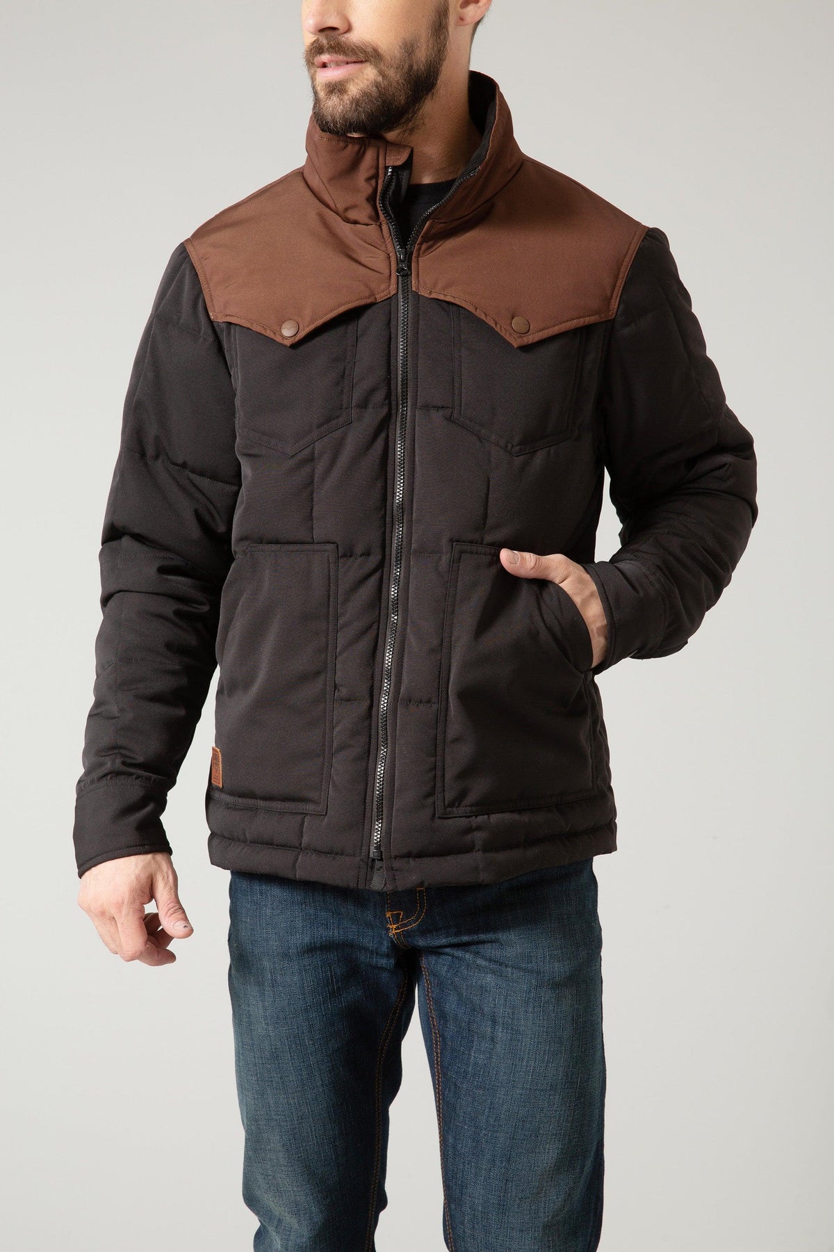 Kimes Ranch Colt Jacket in black with brown yoke and snap pockets
