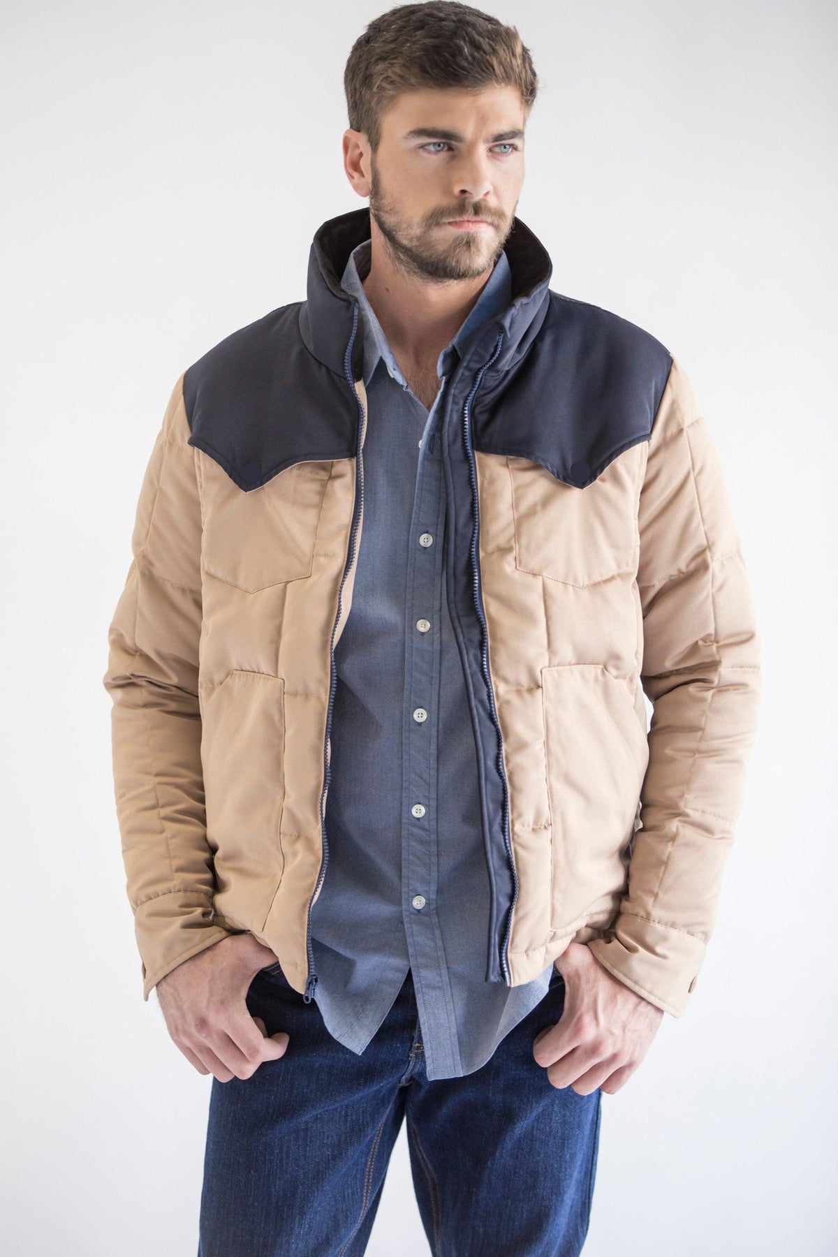 Kimes Ranch Colt Jacket in Navy/Tan with a navy yoke and tan quilted body