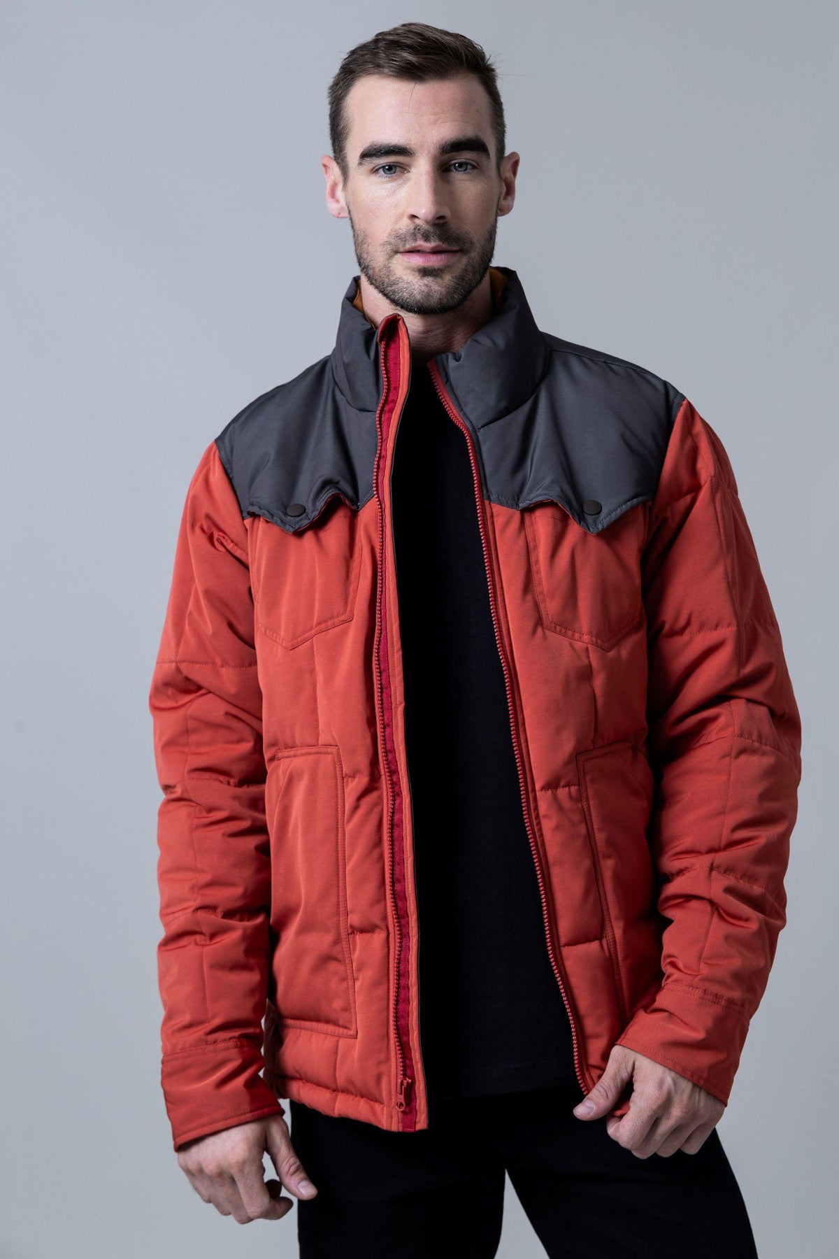 Kimes Ranch Colt Jacket in Rust Red with a dark grey yoke and front pockets