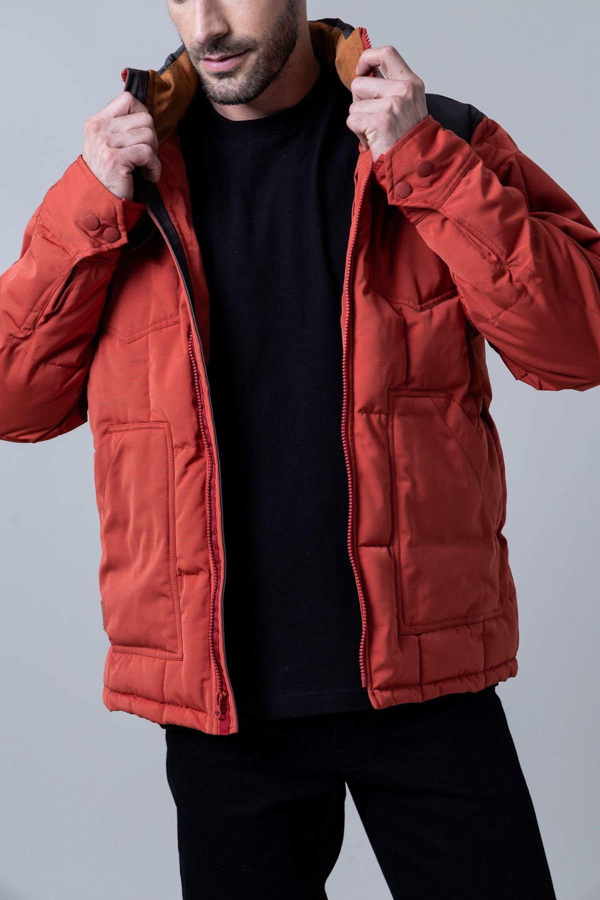 Kimes Ranch Colt Jacket in Rust Red with quilted body, front zip, and flap pockets