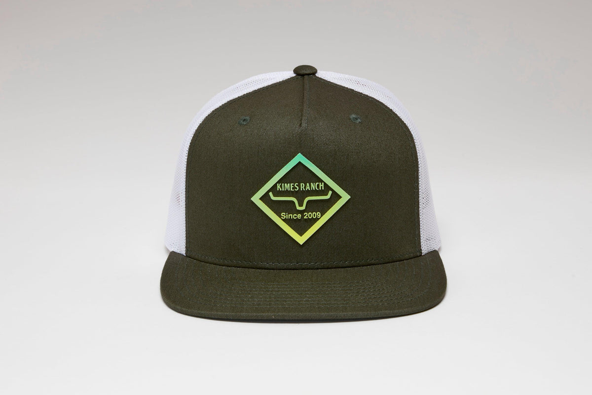 Kimes Ranch Diamond Dogs Trucker Hat in Army with white mesh back and Kimes Ranch logo