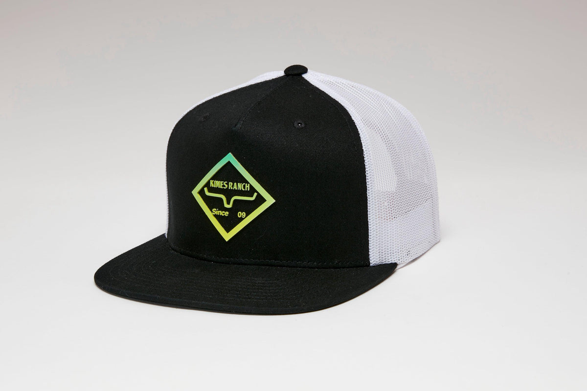 Kimes Ranch Diamond Dogs Trucker Hat in Black, side view, with white mesh back and a diamond logo patch