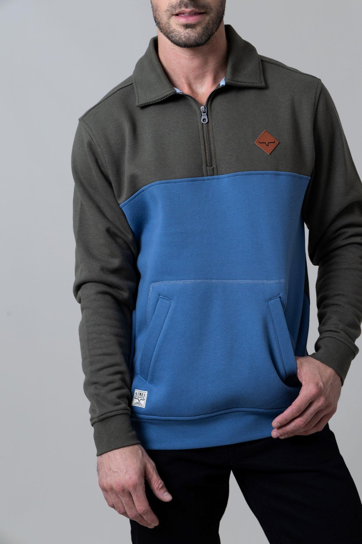 Kimes Ranch Diamond Head QZ Sweatshirt in Army And Blue with a front kangaroo pocket and logo patch