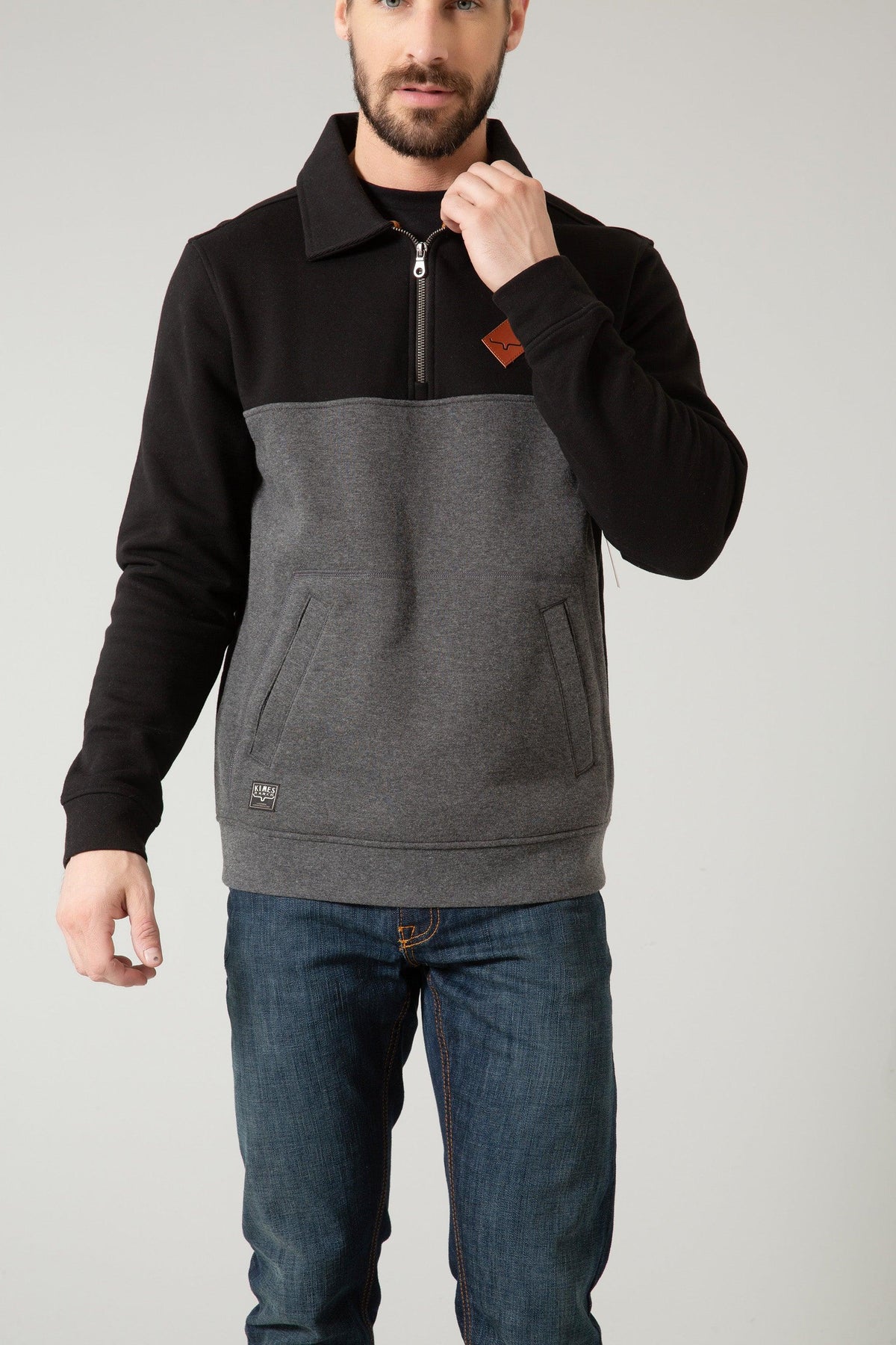 Kimes Ranch Diamond Head QZ Sweatshirt in Black with grey body, quarter-zip, collar, and front pockets