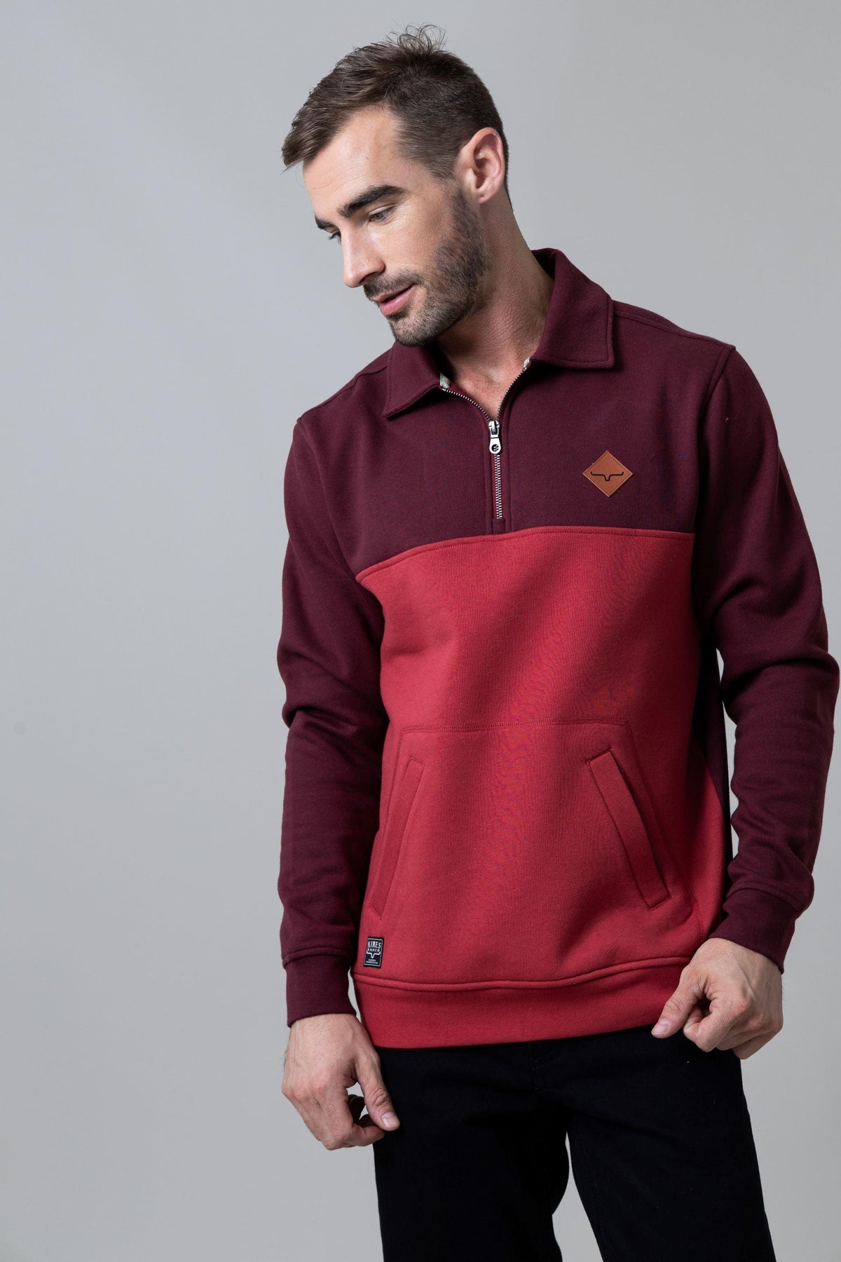 Kimes Ranch Diamond Head QZ Sweatshirt in Burgundy And Red with a front kangaroo pocket and Kimes Ranch logo