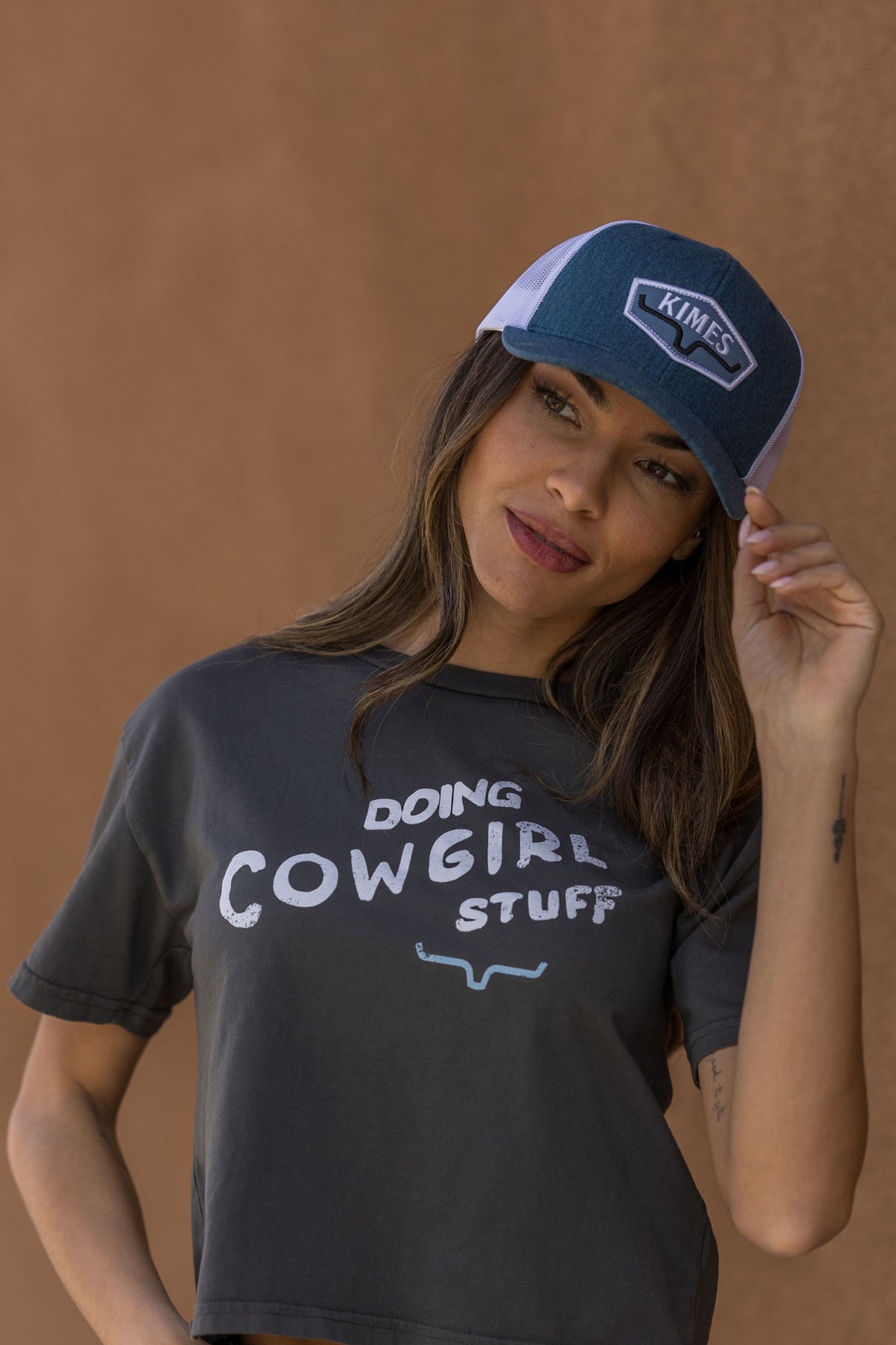 Kimes Ranch Doing Cowgirl Stuff shirt in Pepper with white graphic print