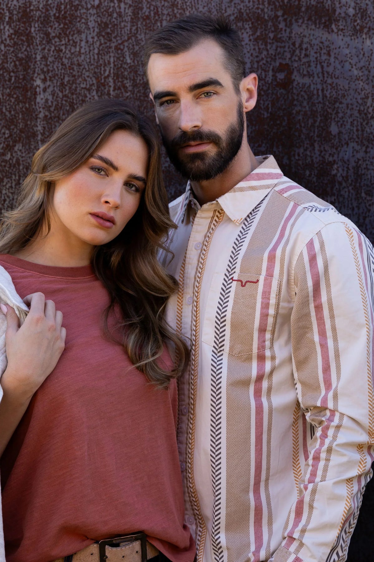 Kimes Ranch Double Tap dress shirt in Natural with multi-colored vertical stripes and a chest pocket