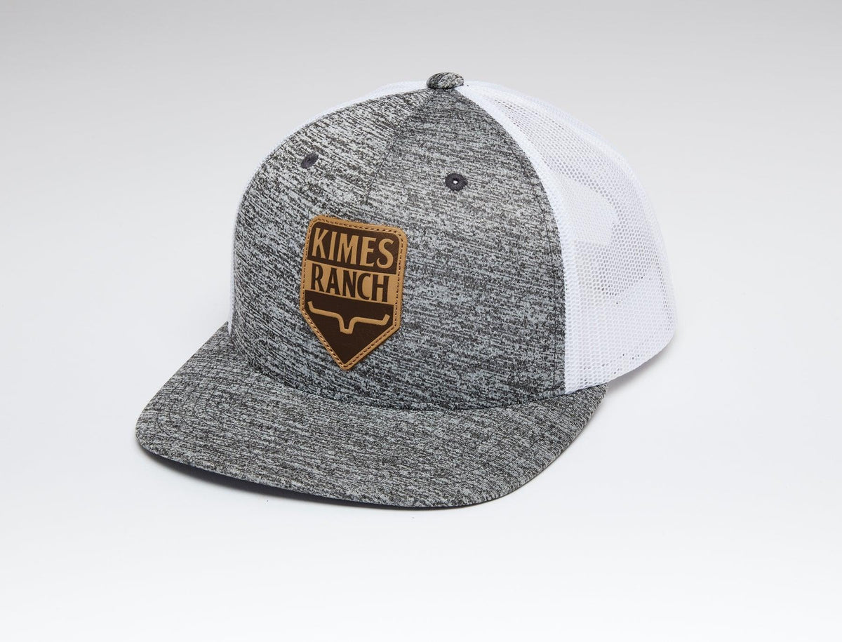 Kimes Ranch Drop In Trucker Hat in Grey Heather with a logo patch and white mesh back