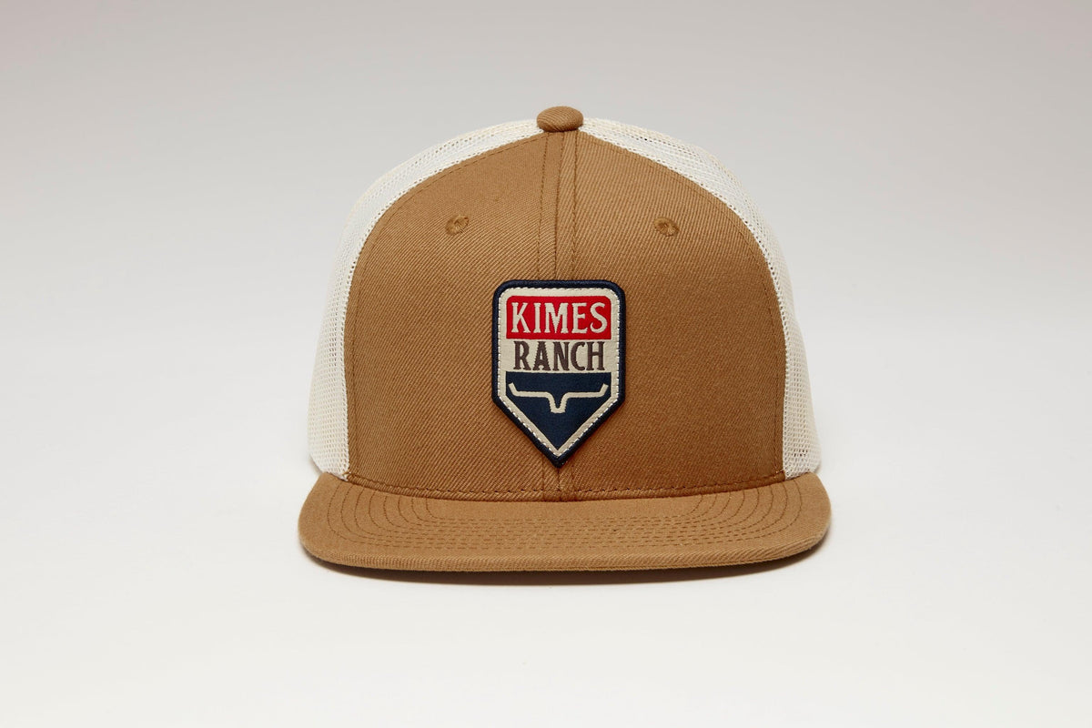 Kimes Ranch Drop In Americana Hat in Work Wear Brown with white mesh back and embroidered Kimes Ranch logo patch