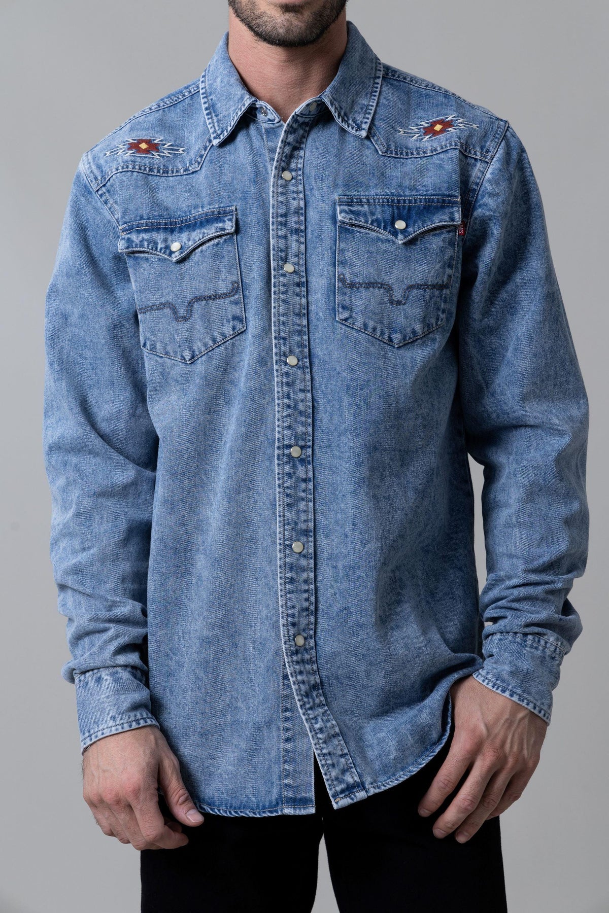 Kimes Ranch Durango Denim dress shirt in Indigo Blue with embroidered yoke and two chest pockets
