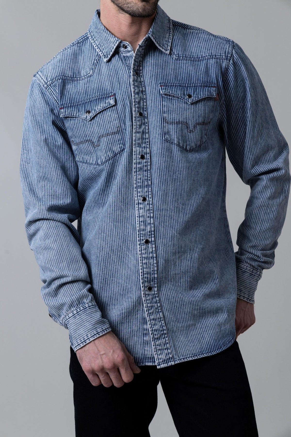 Kimes Ranch Durango Denim dress shirt in Indigo Striped with western yoke and two chest pockets