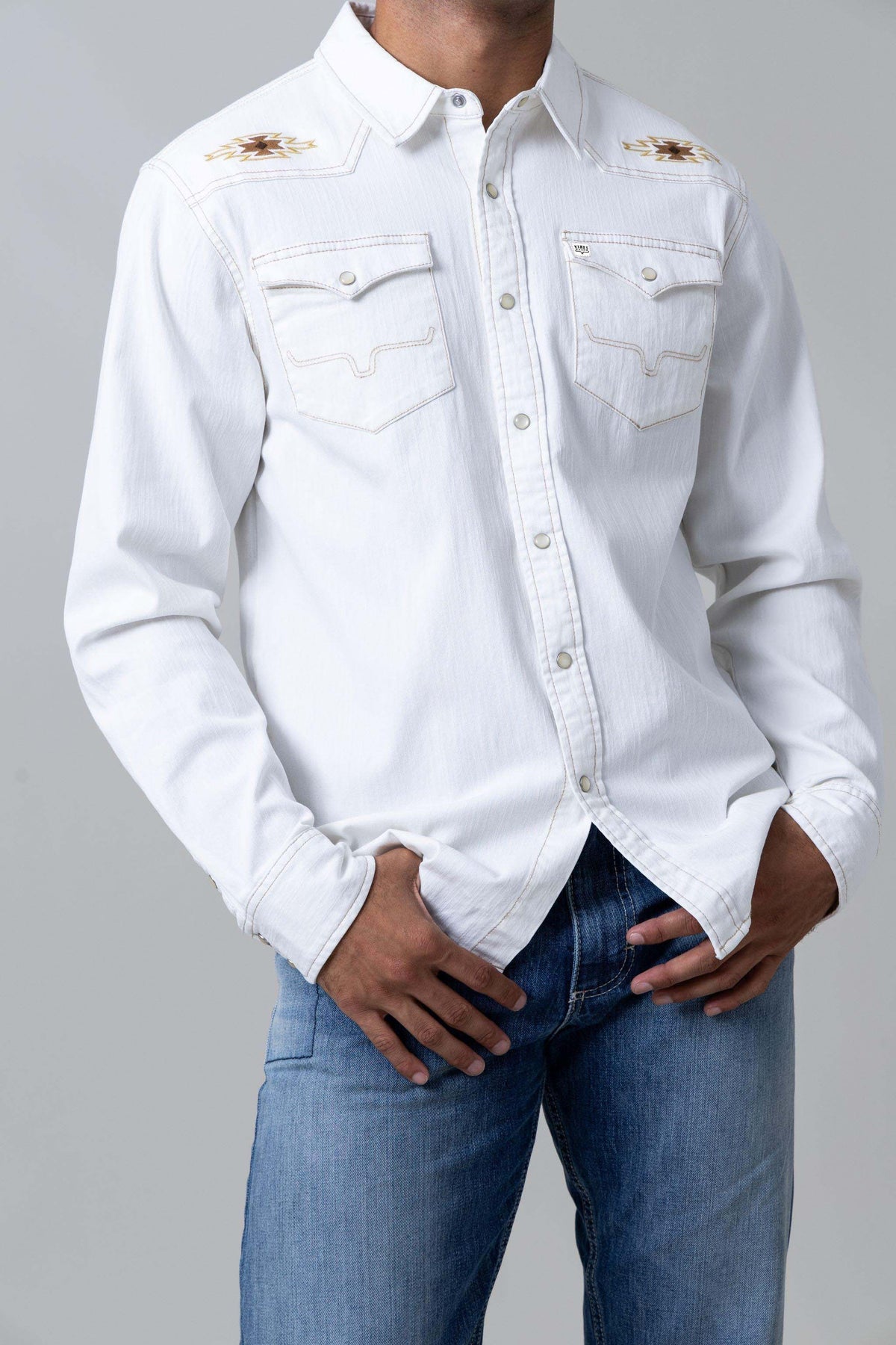 Kimes Ranch Durango Denim dress shirt in Natural with embroidered yoke and chest pockets