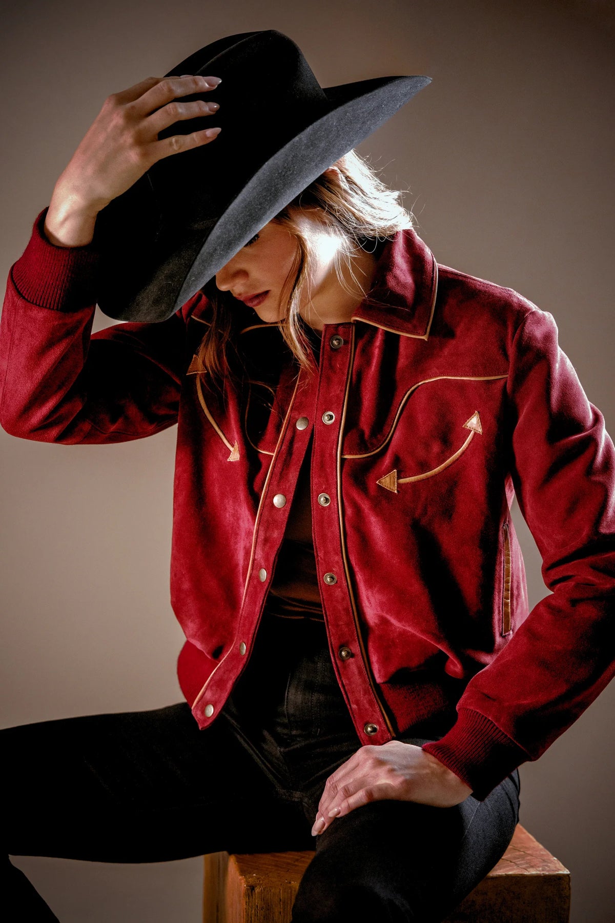 Kimes Ranch KR x Western & Co. Bomber Jacket in red with gold piping and arrow motifs