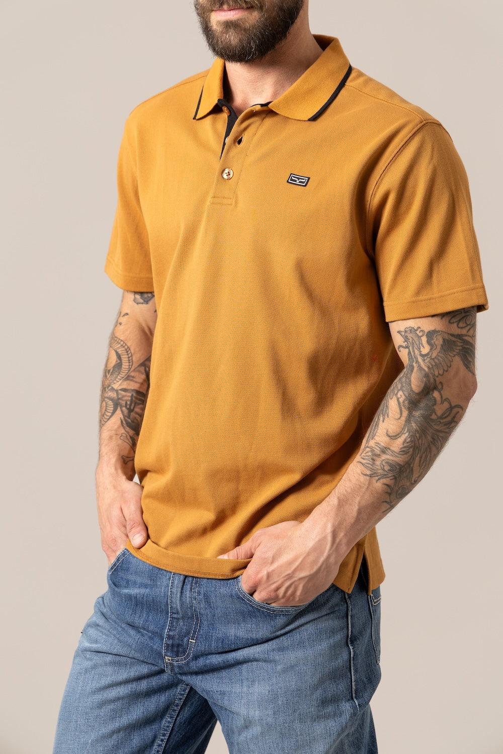 Kimes Ranch El Capitan Polo in Work Wear Brown with a black contrast collar and logo patch