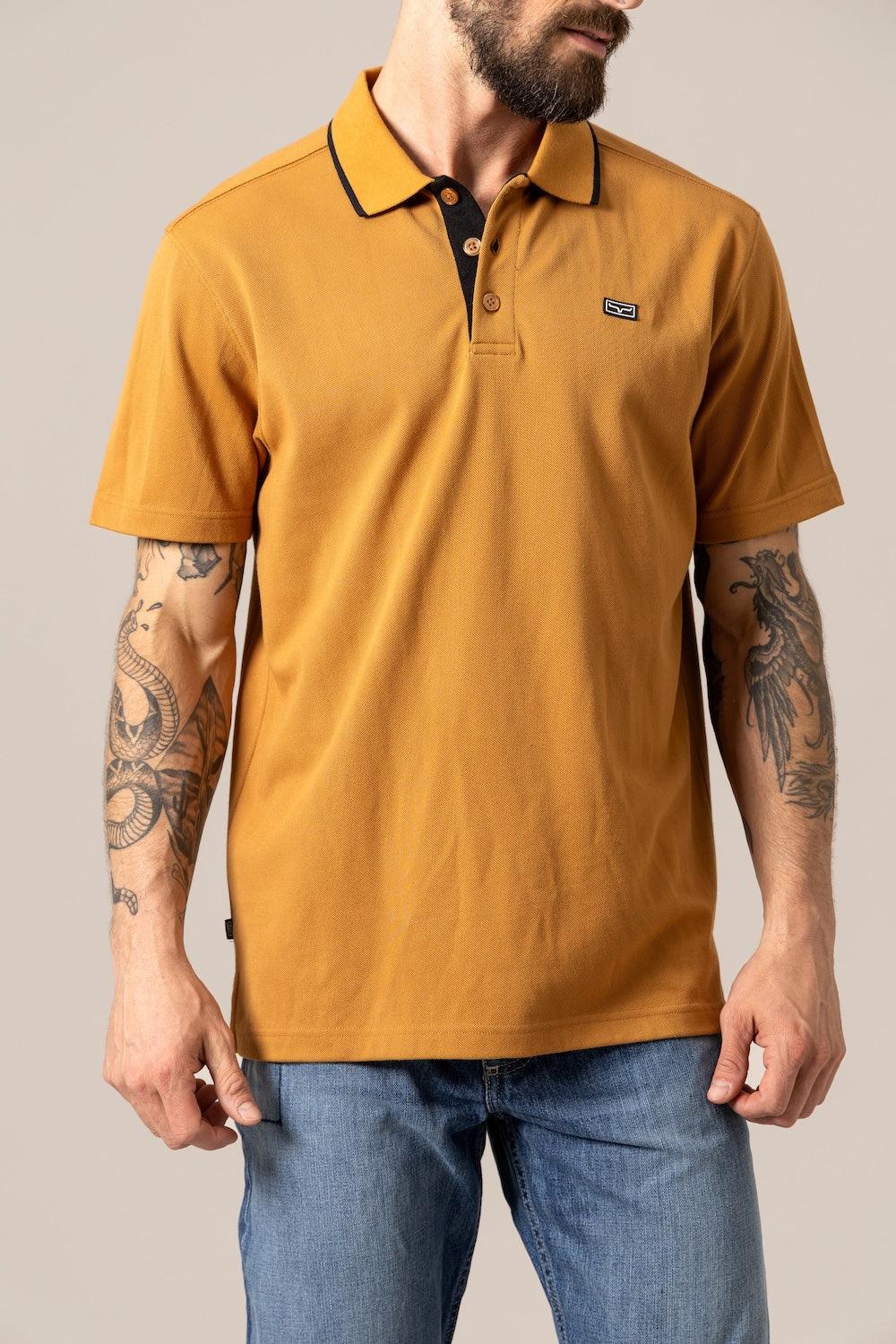 Kimes Ranch El Capitan Polo in Work Wear Brown with black collar trim and logo