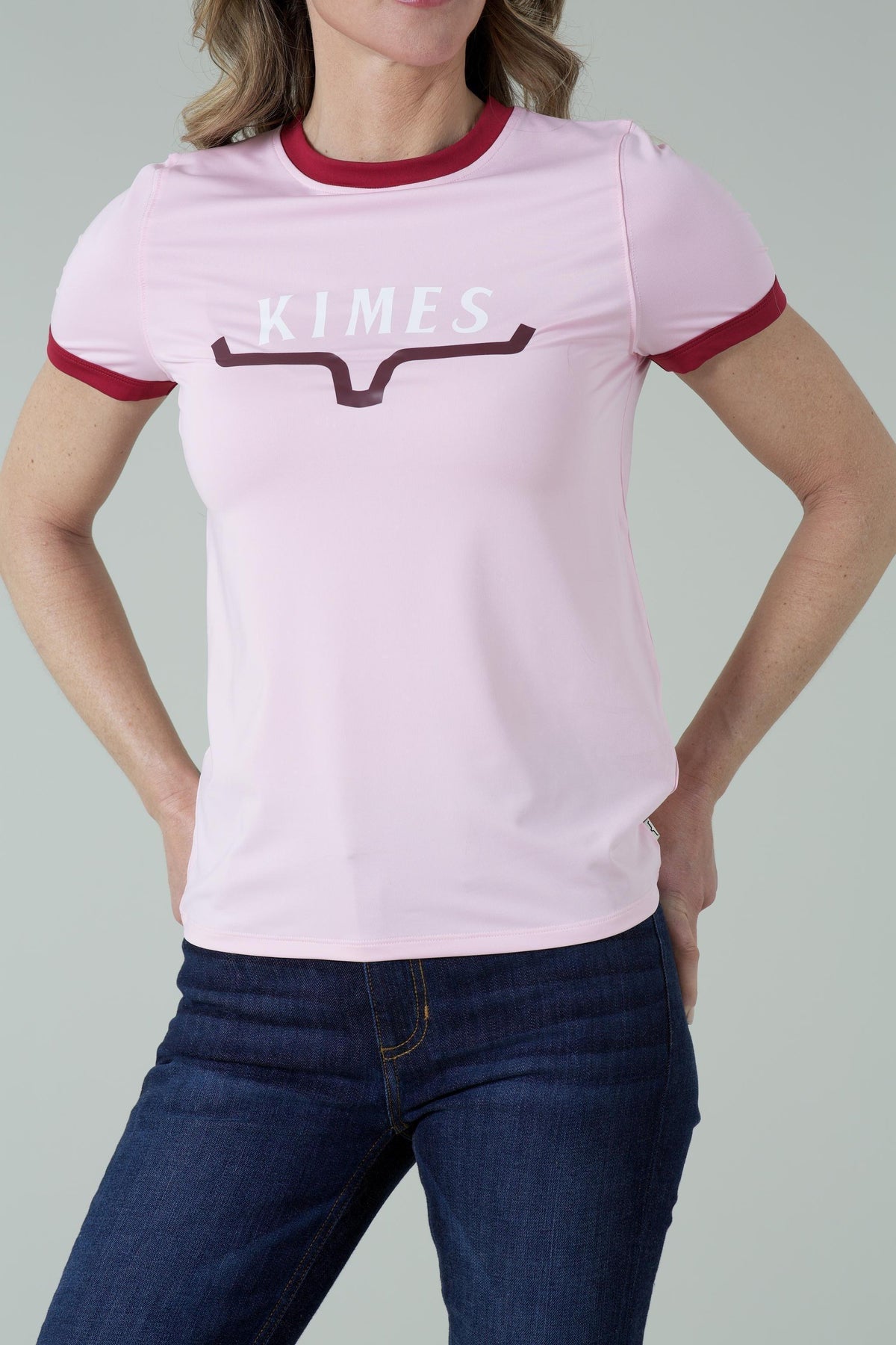 Kimes Ranch Fast Kimes Tech Tee in Blush with maroon ringer trim and Kimes Ranch logo