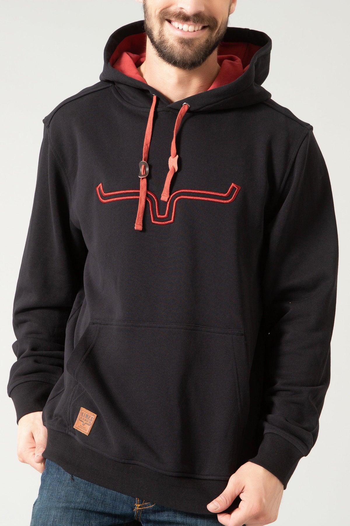 Kimes Ranch Fast Talker Hoodie in Black with red embroidered steer logo and red drawstrings