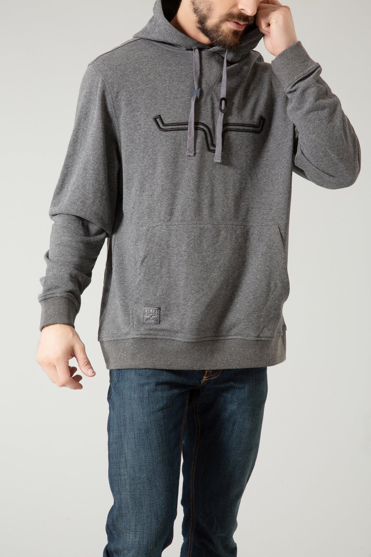 Kimes Ranch Fast Talker Hoodie in Charcoal Grey with a front graphic and kangaroo pocket