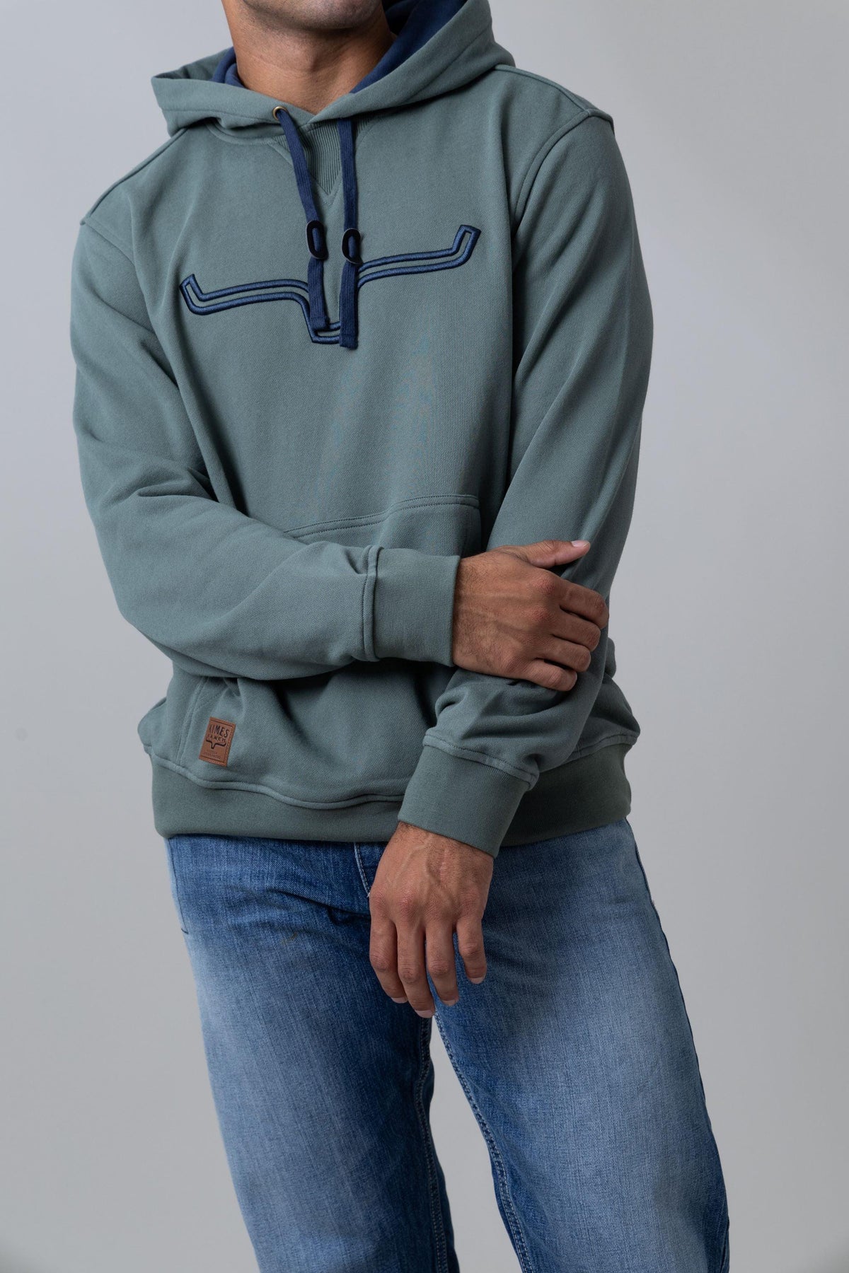 Kimes Ranch Fast Talker Hoodie in Pine with embroidered logo and kangaroo pocket