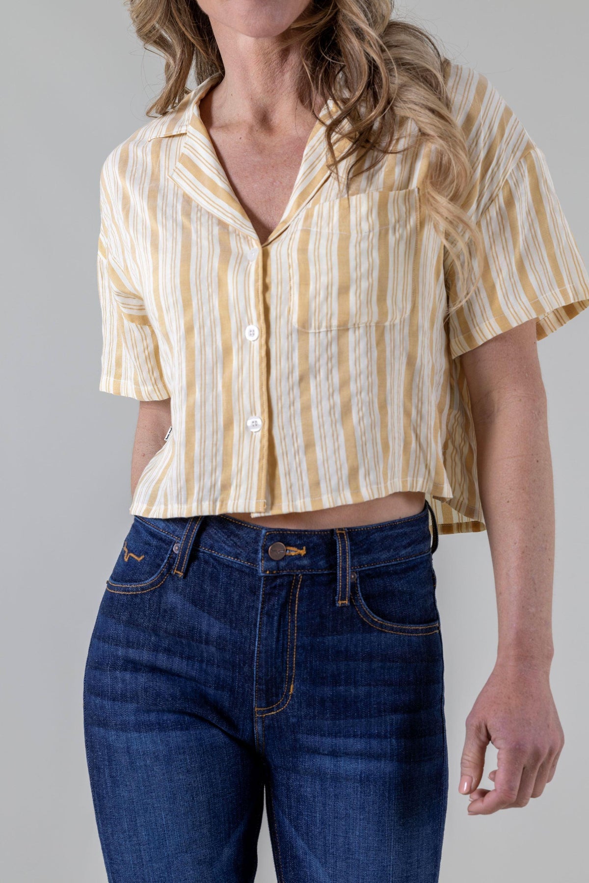 Kimes Ranch Ferris Top in Yellow Ocre with a button front and chest pocket