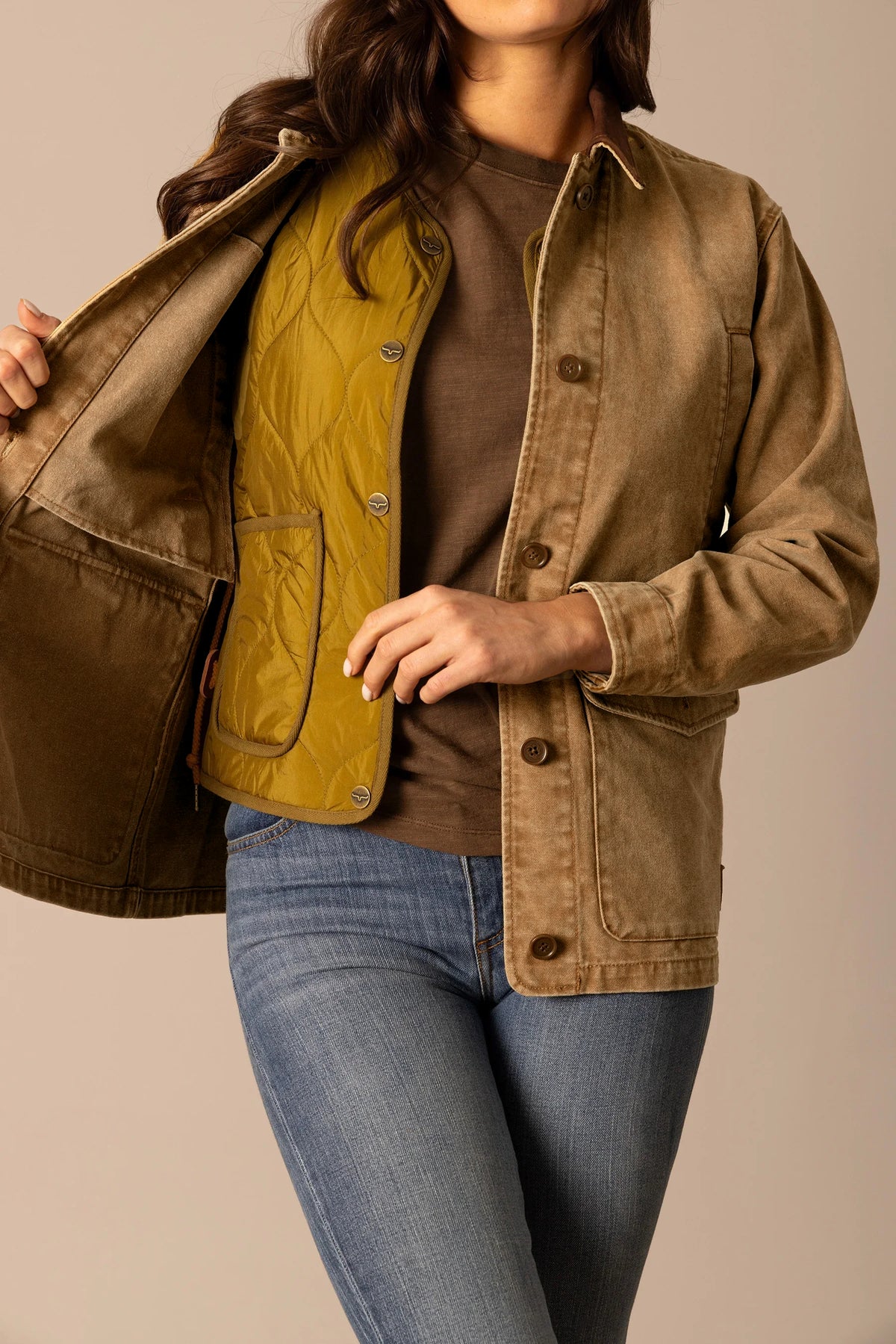 Kimes Ranch Blake Field Coat in Work Wear Brown with quilted mustard lining and snap closure