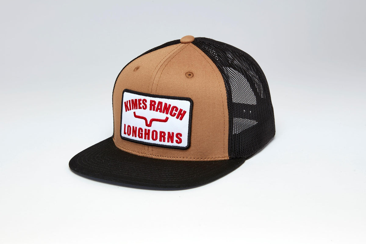 Kimes Ranch LJC Trucker hat in Work Wear Brown, side view, with black mesh back and a front patch