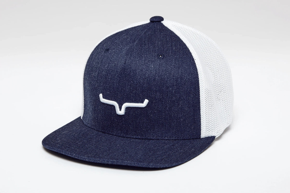 Kimes Ranch G&T 110 Hat in Heather Navy, side view, with white mesh back and embroidered Kimes Ranch logo