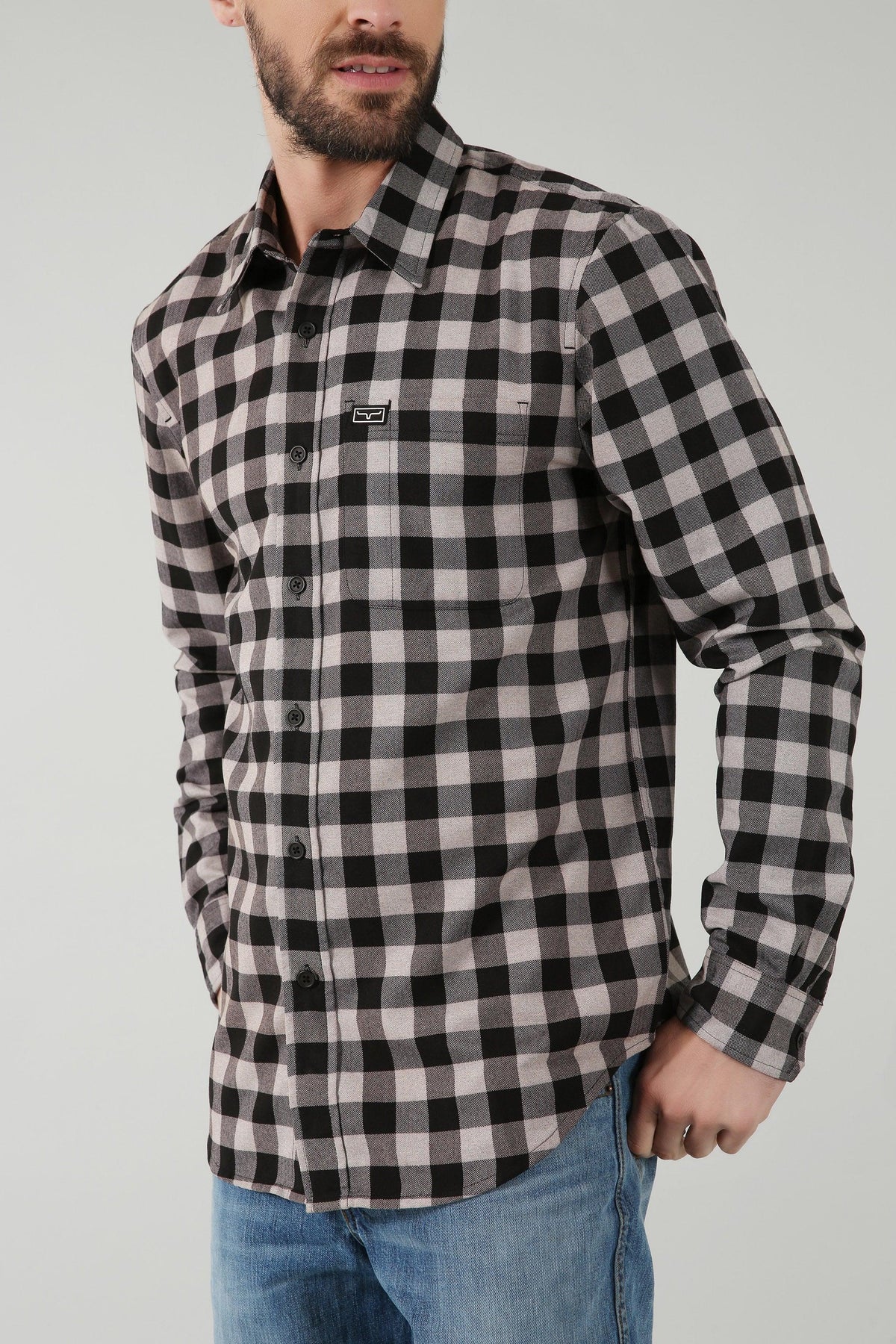 Kimes Ranch Garrison Dress Shirt in Grey Heather with a black and grey check pattern and a chest pocket