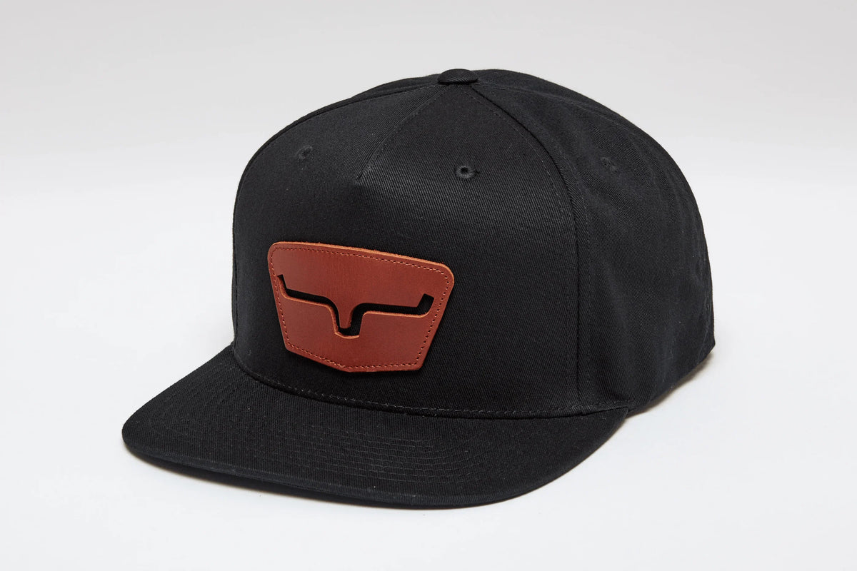 Kimes Ranch Ghost Face Hat in Black, side view, with a brown logo patch on the front