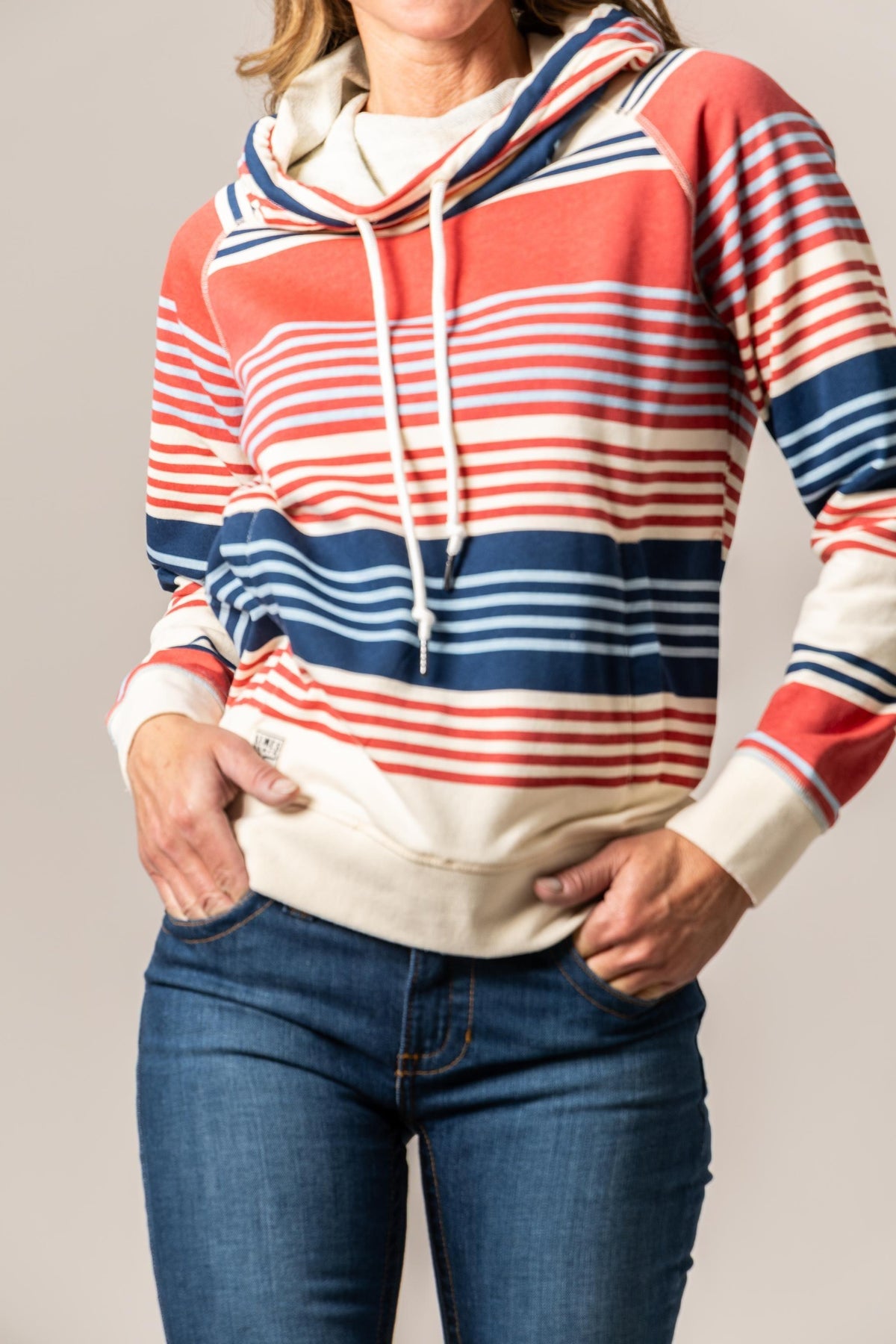 Kimes Ranch Golinda Pullover Hoodie in Navy with red and white horizontal stripes and a front kangaroo pocket