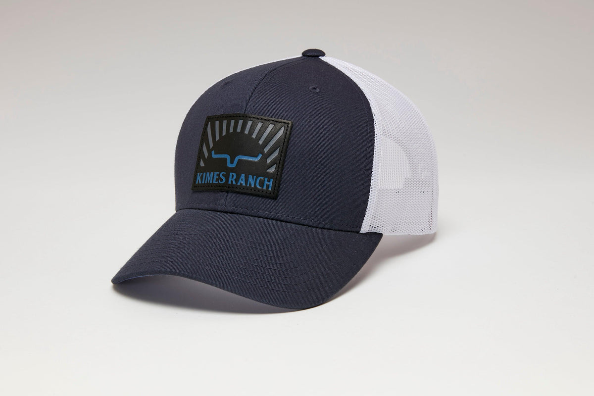 Kimes Ranch Good Day Trucker Hat in Navy with white mesh back and Kimes Ranch logo patch