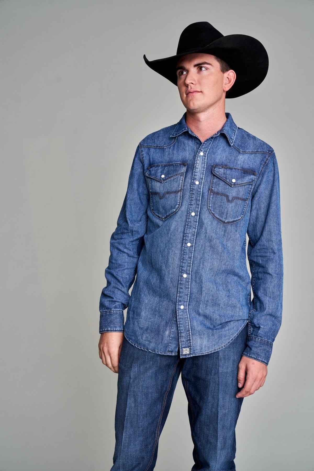 Kimes Ranch Grimes Dress Shirt in Dark Indigo with two chest pockets and a western yoke