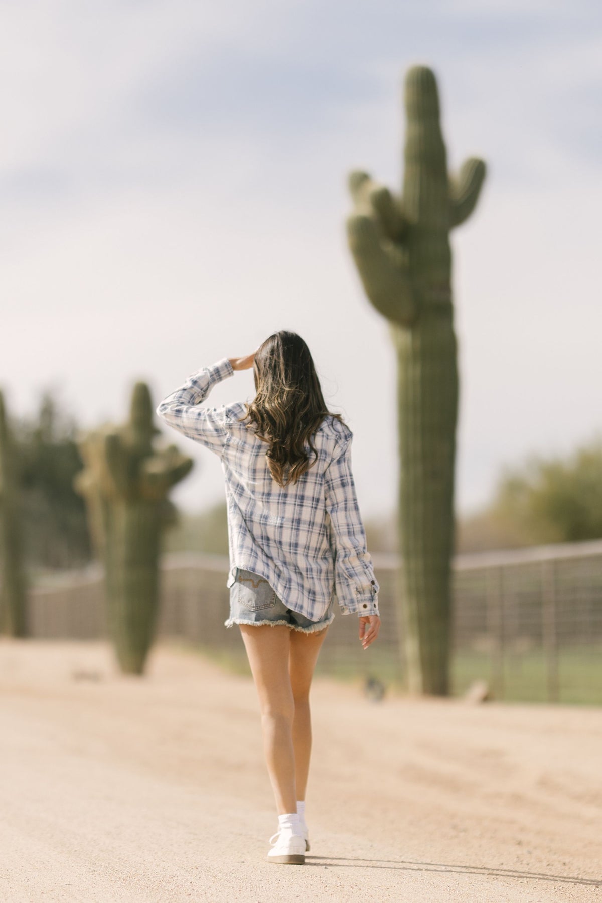 Kimes Ranch Gwen top in Pristine, back view, with a blue plaid pattern and long sleeves