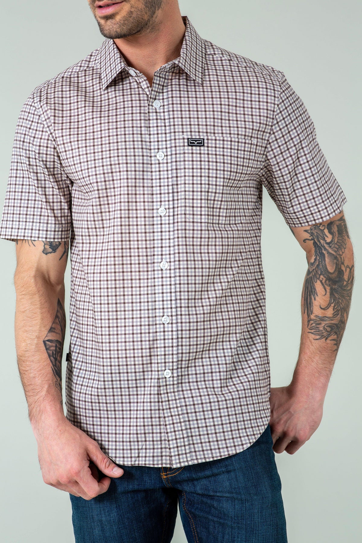 Kimes Ranch Tucco Mini Check Dress Shirt in Grey with short sleeves and a chest pocket