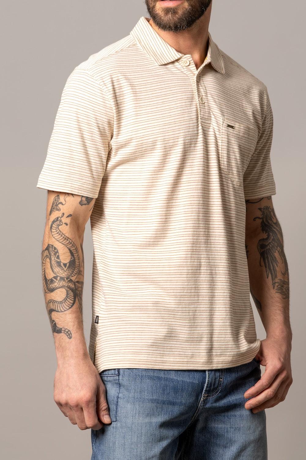 Kimes Ranch Harlan Polo in Natural with a striped pattern and a chest pocket