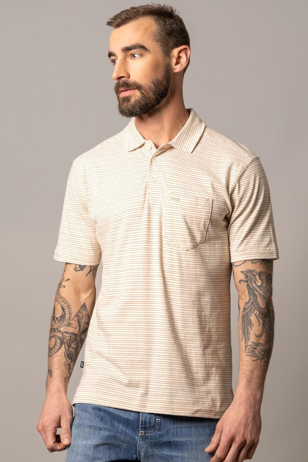 Kimes Ranch Harlan Polo in Natural with a striped pattern and a chest pocket