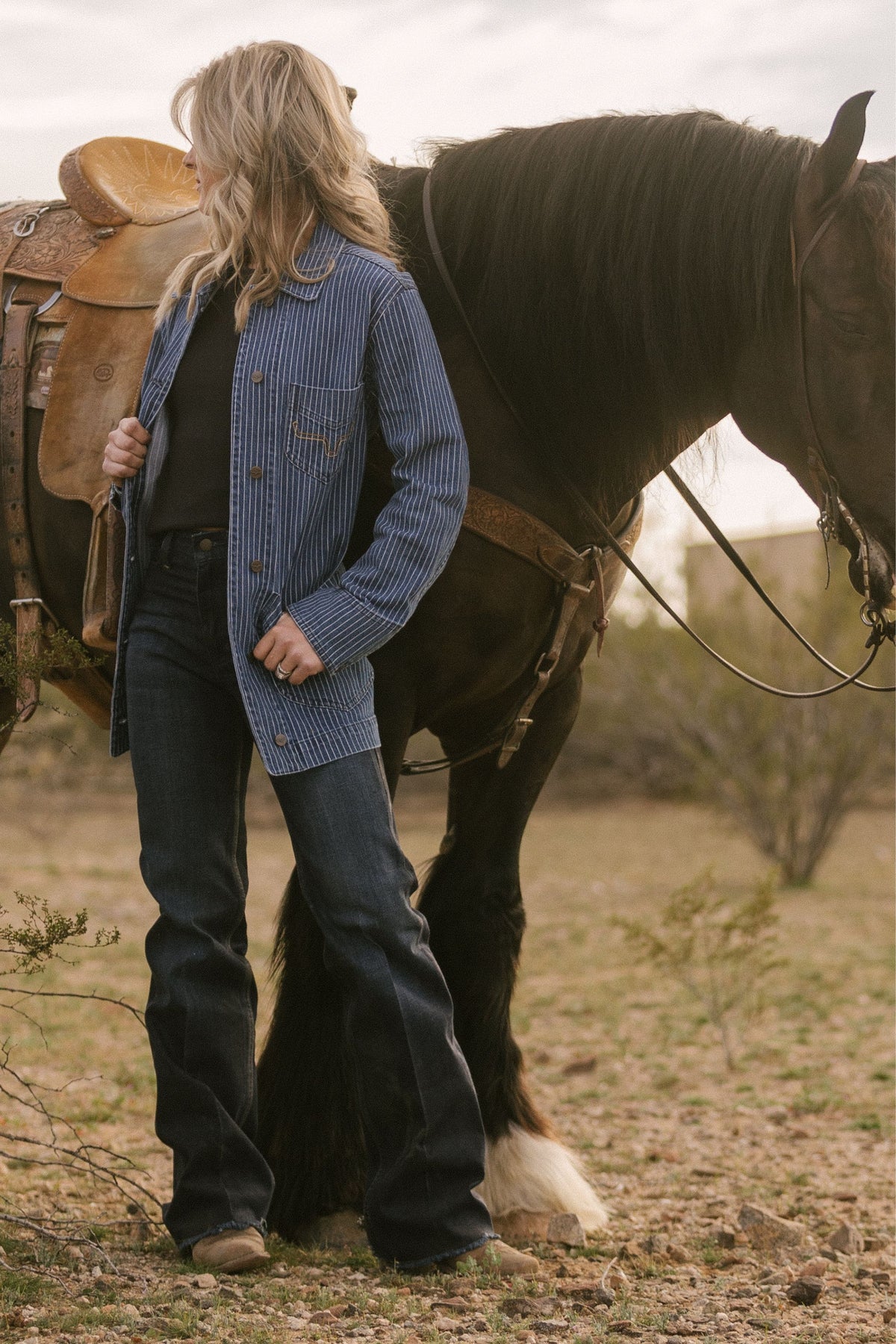 Kimes Ranch Harlow jacket in Indigo Stripe with long sleeves and front pockets