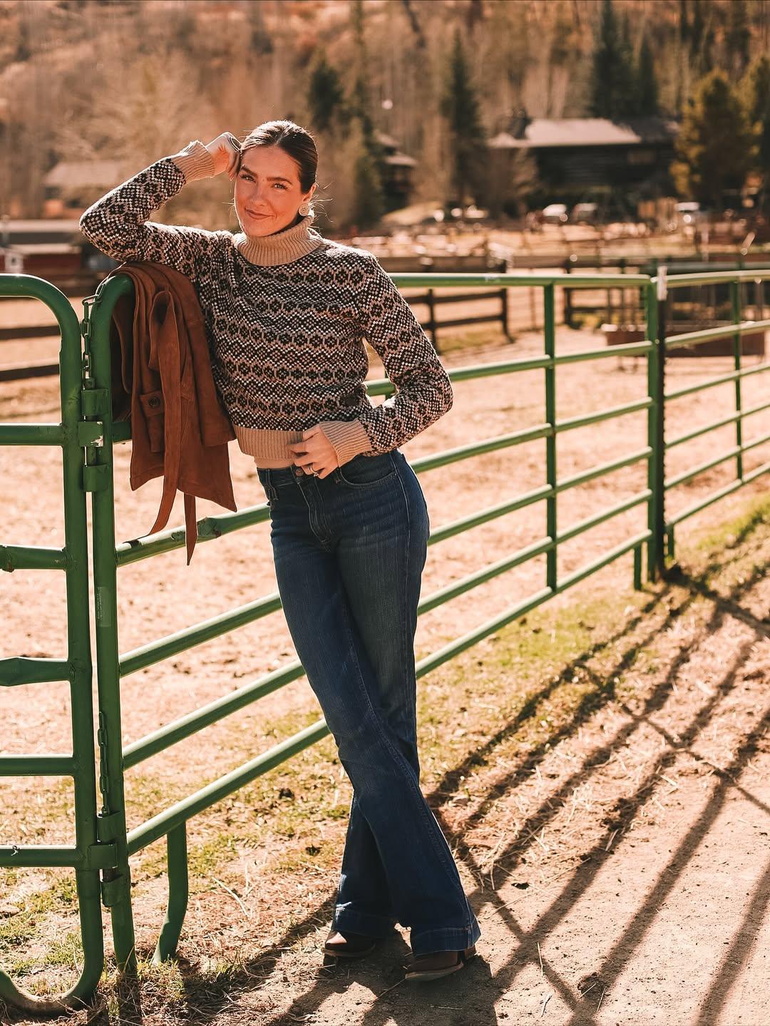 Kimes Ranch Hazel Turtleneck sweater in brown with a geometric pattern and ribbed cuffs