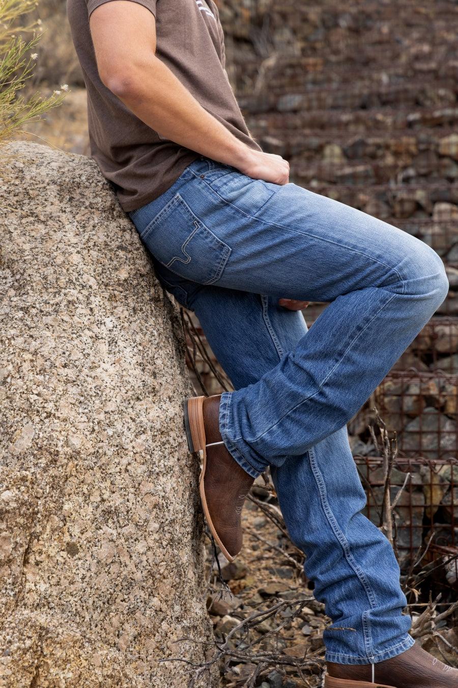 Kimes Ranch James Straight Fit Bootcut jeans in blue with a Texas-shaped pocket outline