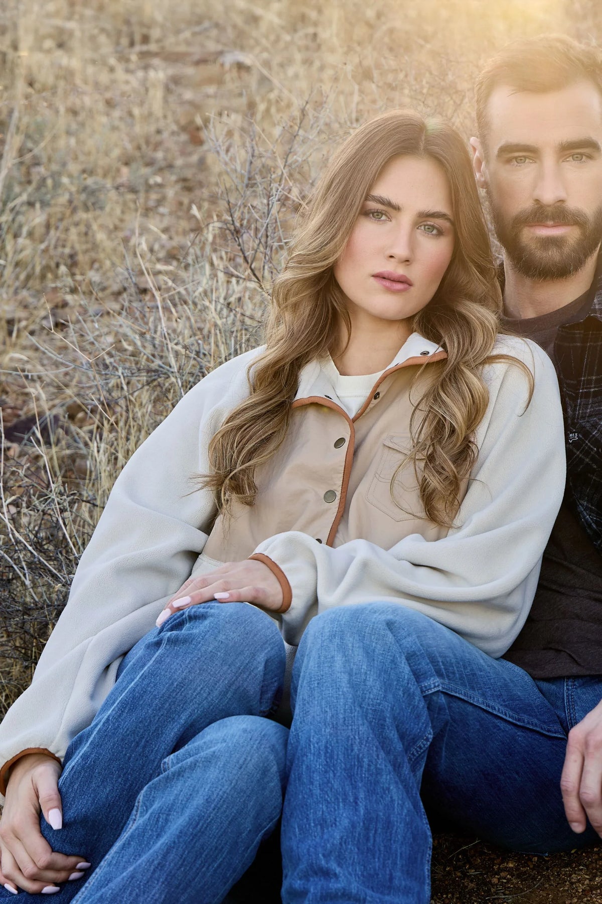 Kimes Ranch Josie Fleece sweatshirt in Natural with contrast brown trim and front pockets