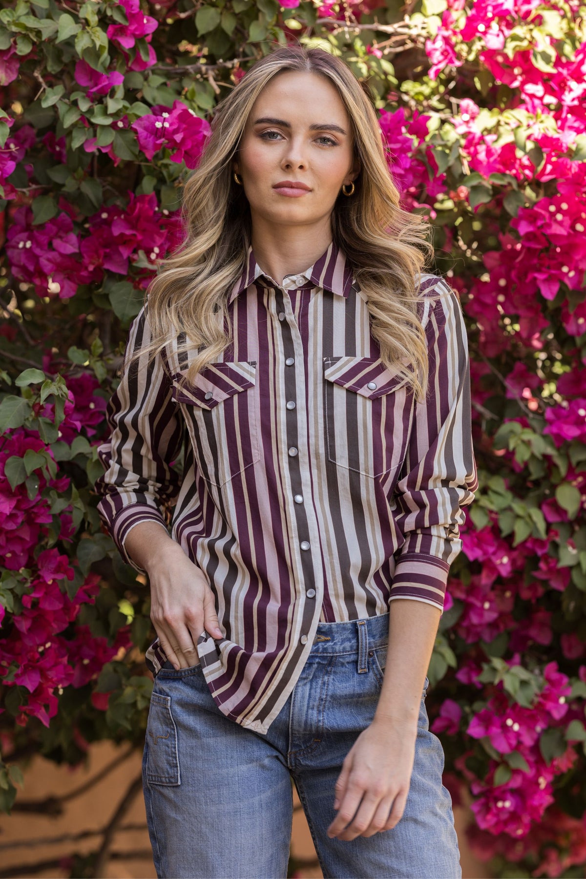 Kimes Ranch Kai top in Maroon with vertical stripes and western yoke pockets